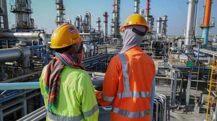 Engineer men,women standing back to control work, oil refinery.