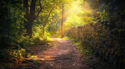 Obraz premium The beauty of natural ecosystems is highlighted by sunlight filtering through dense foliage on a forest path