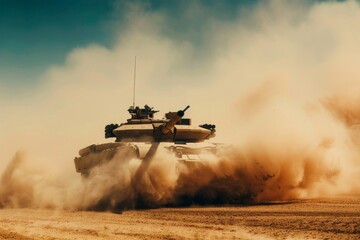 A low-angle shot of an Military tank M1 Abrams charging across a vast desert landscape