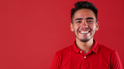 Obraz premium A cheerful millennial man in a polo shirt, smiling confidently at the camera against a solid red background