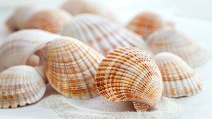 Obraz premium Sea shells on a blurred white surface