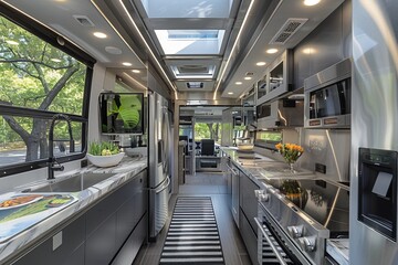 Obraz premium Modern RV kitchen interior with sleek design. Brightly lit space with large windows. Perfect for travel and outdoor adventures in style. Ideal for showcasing mobile living. Generative AI