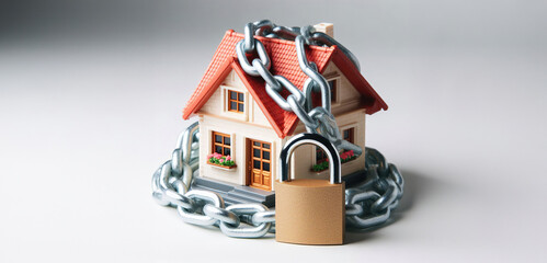 House locked with a padlock and surrounded by chains due to a bank or tax seizure.