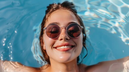Naklejka premium Smiling young woman enjoying summer in a pool with sunglasses