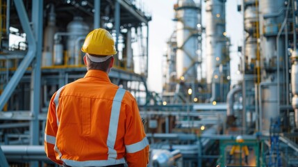 Engineer men,women standing back to control work, oil refinery.