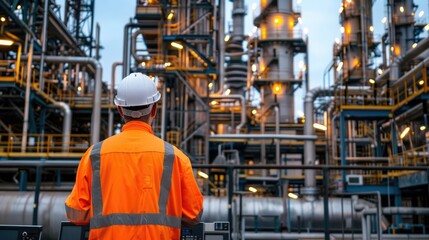 Fototapeta premium Engineer men,women standing back to control work, oil refinery.