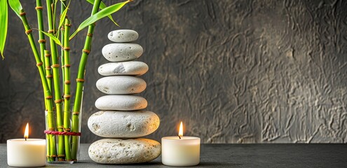 Small bamboo two candles and pile of white stones on textured gray background