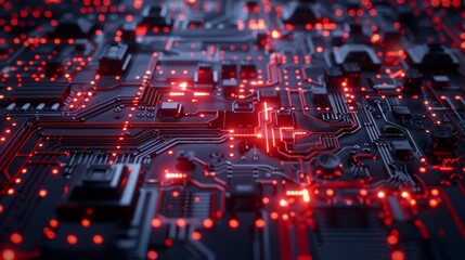 Fototapeta premium Future-looking 3D rendering of a microchip with glowing circuits and AI elements