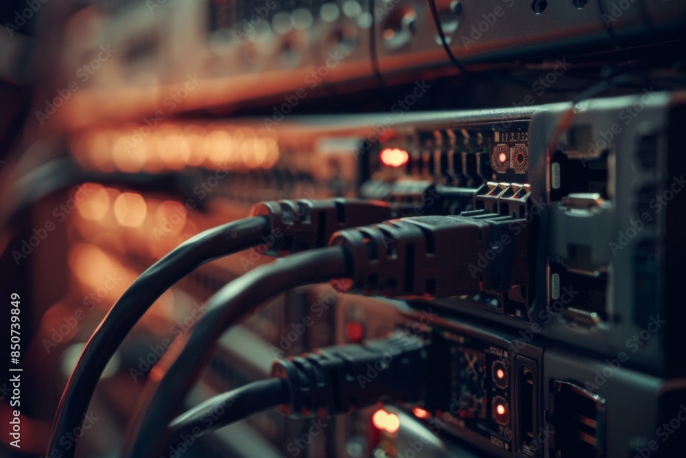 Poster a network cable snaking through a server rack, close-up macro shot with shallow depth of field