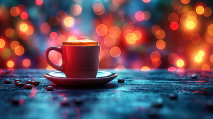 Obraz premium espresso cup on a table with colored bokeh in the background, realistic picture