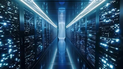 Fototapeta premium In the midst of a sleek metallic room a quantum computer stands tall its powerful processors sparking with energy as it works on processing massive amounts of data.