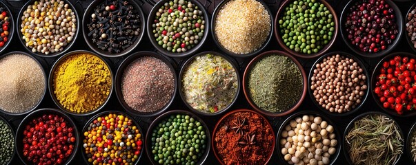 A number of black bowls containing kitchen spices are photographed from above