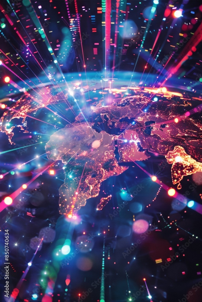 Poster a pixelated world map with chunky continents, glowing nodes representing major data hubs, pulsating 