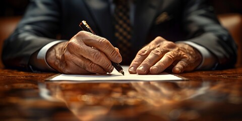 Elderly man signing a document with a pen at a polished wooden desk