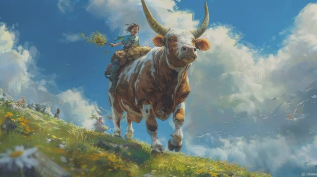 a person riding a big, fat cow