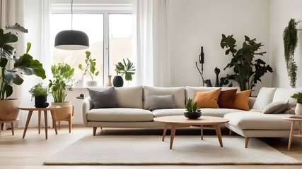 Elegant living room with comfy carpet, mid-century furniture, white walls, white walls, and houseplants is a hallmark of modern Scandinavian interior design.