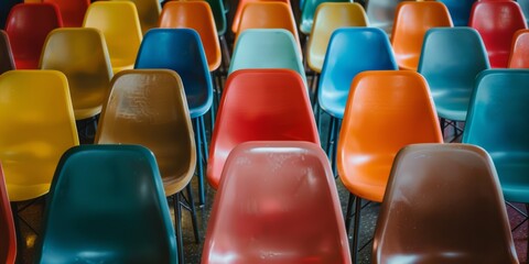 Obraz premium A row of colorful classic plastic chairs, peeled color and old style audience seats.