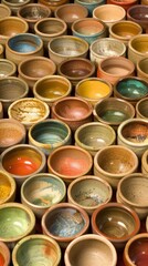 Colorful array of ceramic bowls in close-up view