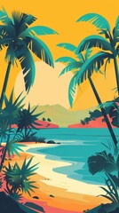 A vibrant desert oasis in pop art style, lush palm trees, turquoise water, simplified shapes