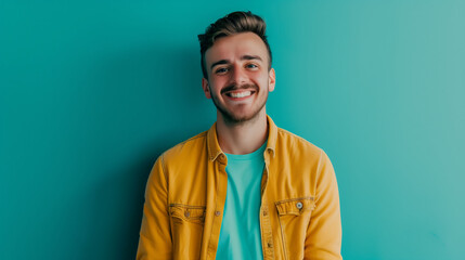 Fototapeta premium A confident millennial man in a casual shirt, smiling brightly at the camera against a solid teal background