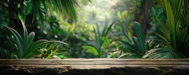 A wooden board on the edge of a dense green forest with a blur effect background