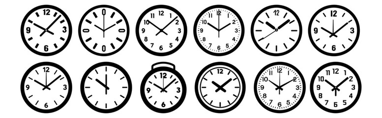 Clock silhouettes set, pack of vector silhouette design, isolated background