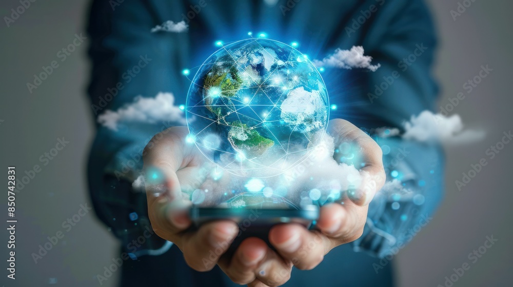 Aufkleber mobile global internet communications. world wide web on phone via wireless satellite network techno