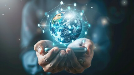 Mobile global internet communications. World wide web on phone via wireless satellite network technology. Smartphone digital connection at clouds services of all earth. Holographic abstract interface