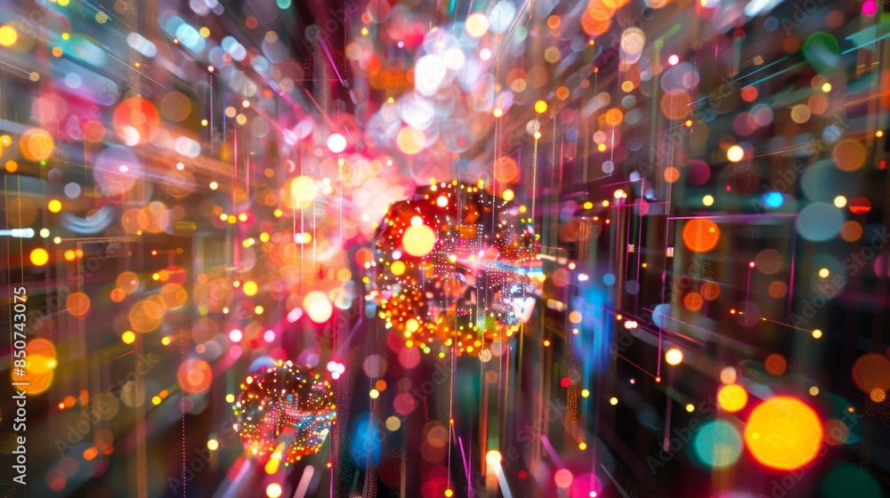 Poster a flurry of colorful particles dance around a quantum processing unit representing the rapid transfe