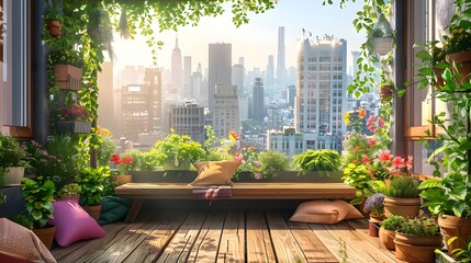 A balcony garden with wooden furniture, green plants and potted flowers on the floor. The city skyline is visible in the background.