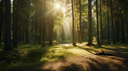 Fototapeta premium the sun shines through the trees in the forest on a sunny day.
