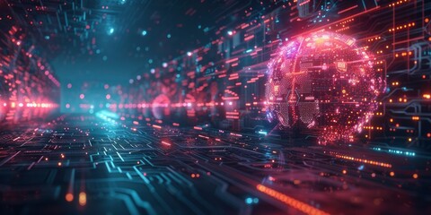 Futuristic digital landscape with glowing circuit board and holographic globe in neon lights