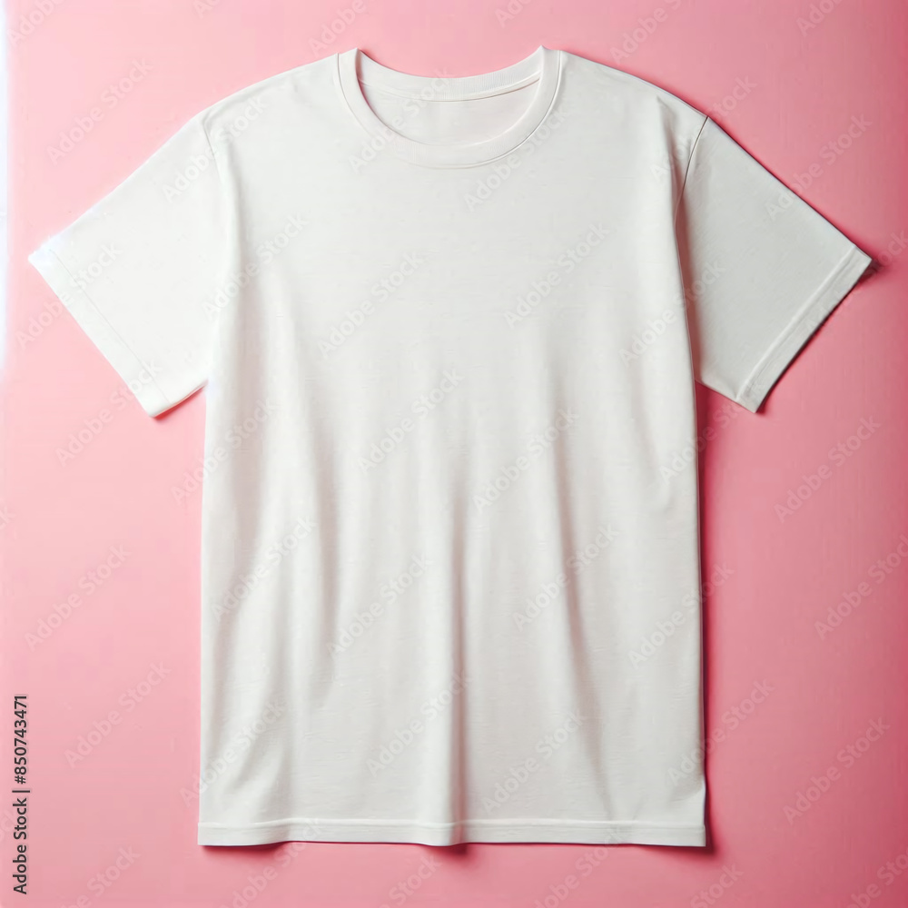 Sticker Blank White T-Shirt Mockup Template On Pink Background