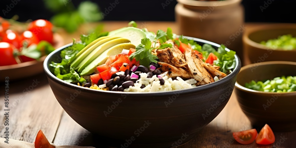 Wall mural Savor a Delicious Mexican Chicken Burrito Bowl with Fresh Ingredients and Flavors. Concept Mexican Cuisine, Chicken Recipes, Fresh Ingredients, Homemade Meals, Flavorful Dishes - Wall murals