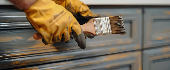 Closeup of man hands with gloves holding painting brush and painting dark kitchen cabinet into white color. Renewing restyling old fashioned wood furniture