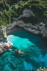 Obraz premium Aerial view of a secluded cove with crystal-clear turquoise water, fringed by lush greenery and dramatic cliffs