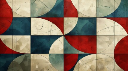 Fototapeta premium Abstract geometric pattern in red, blue, and beige tones with vintage texture