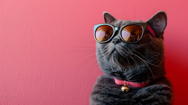 A British shorthair cat wearing sunglasses on a solid pink background in the style of a stock photo, with a cool and hip vibe.