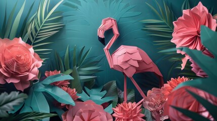 Fototapeta premium Origami 3D image of flamingo and tropical flowers masculin arty fashion print without 3-d effect wide angle lens