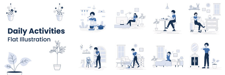 Daily Activities Flat Illustration, Woman cooking in the kitchen, Brushes her teeth, reading a book on the sofa, sweeping the Floor, watches TV, wakes up, Having Breakfast, gardener waters his plants.