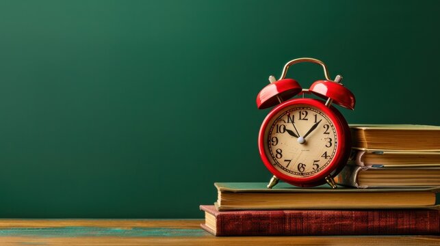 Red alarm clock and books on table against green background with copy space for text