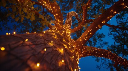 A tree elegantly dressed in solarpowered lights creating a beautiful contrast against the night sky.