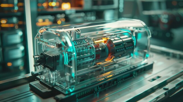 Illustration of a transparent,  compact battery design with advanced energy storage technology
