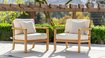 Outdoor Natural Wood and Cream Fabric Chairs with Cushions Set of Two on an Area Rug