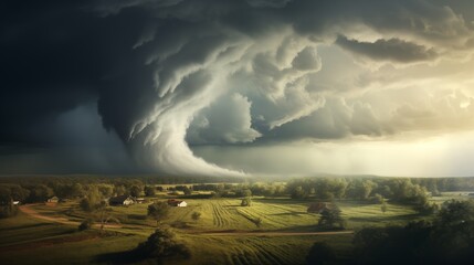 Tornado approaching over serene countryside.