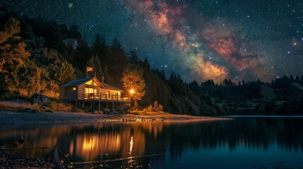 Fototapeta premium Reflections on the surface of a serene lake, showing a rotating star trail, symbolizing time and celestial movement, PhotoReel