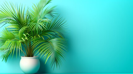 Obraz premium Fresh green potted palm on vibrant blue background