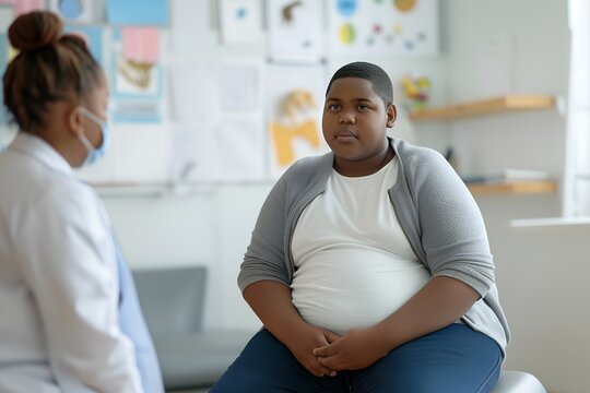 An overweight boy black teen child is being consulted by dietetic nutritionist doctor. Talking about health and excess weight, risk of diabetes. Childhood obesity. Chubby examining in clinic