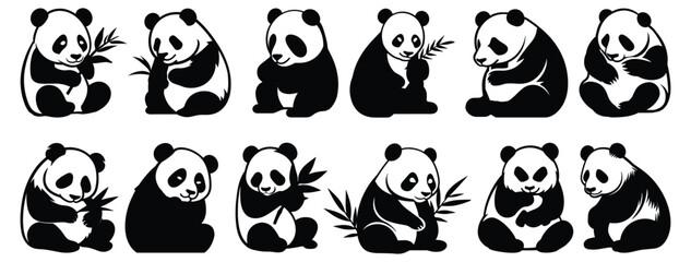 Fototapeta premium Panda silhouettes set, pack of vector silhouette design, isolated background