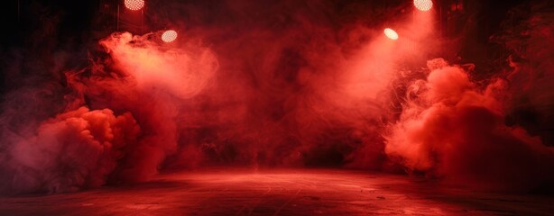 Fototapeta premium The dark stage shows, empty peaches, salmons, corals, a rose background, neons, spotlights, an asphalt floor, and a smokey studio room.